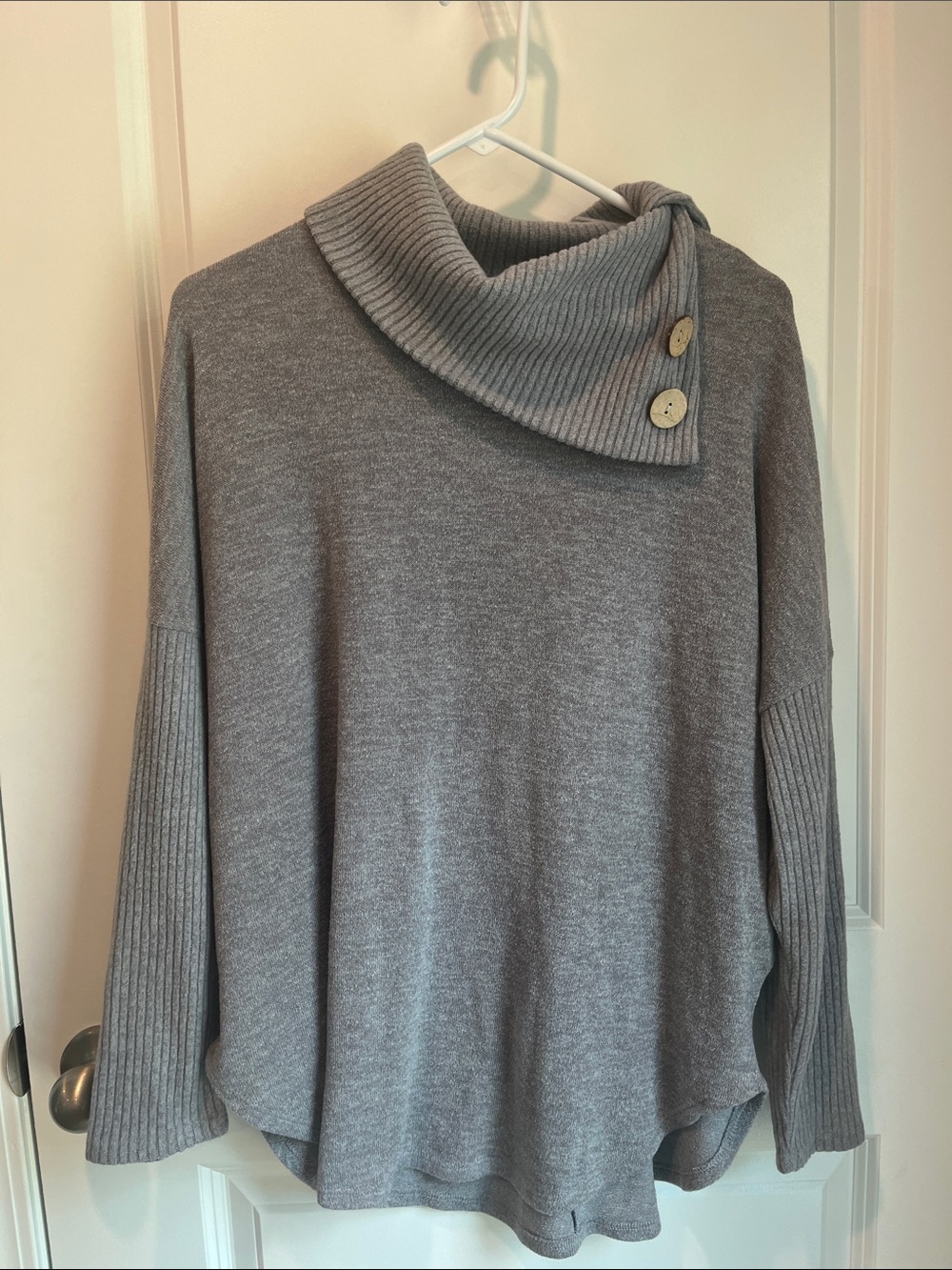Cozy Ribbed Cowl-Neck Sweater in Gray with Button Detail
